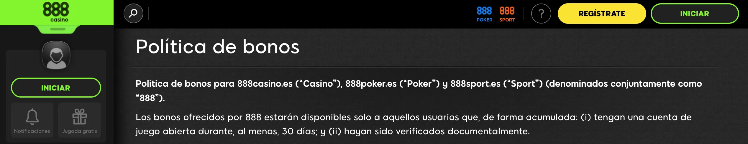 Políticas bonos 888 casino