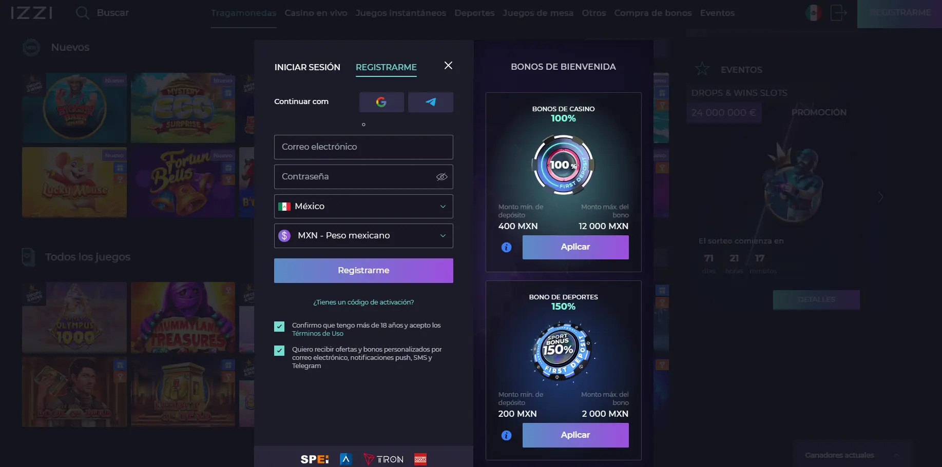 Registro e inicio de sesión en Izzi casino