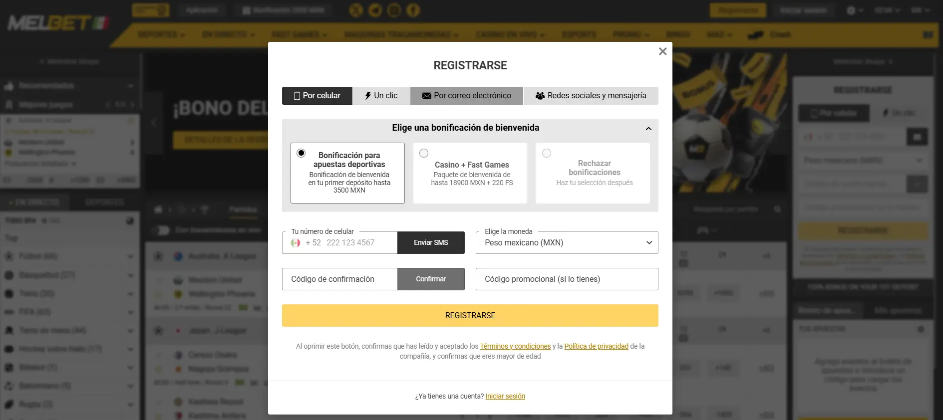Registro e inicio de sesión en Melbet 