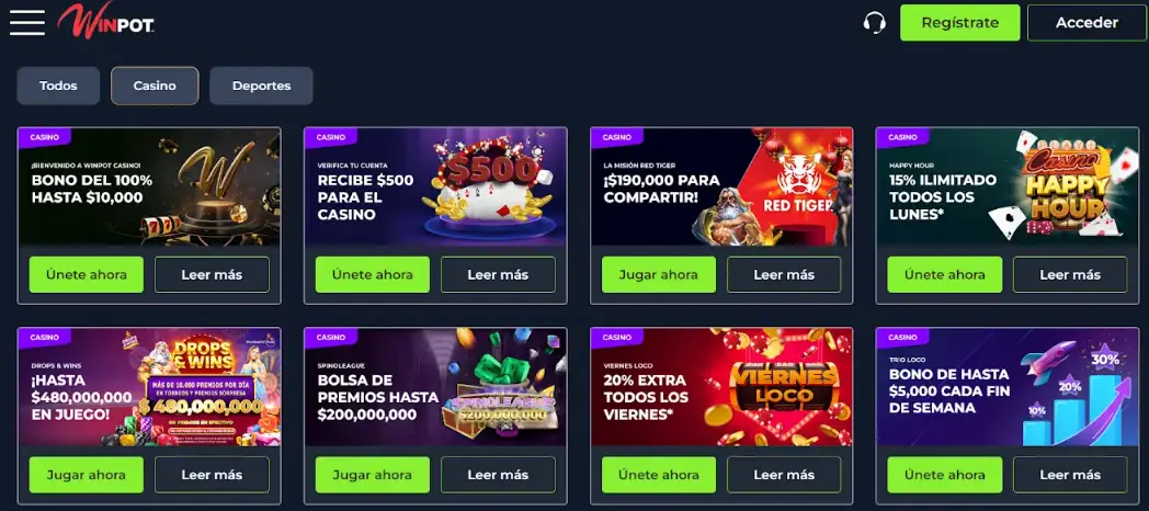 Variedad de bonos en Winpot casino online bono sin deposito winpot